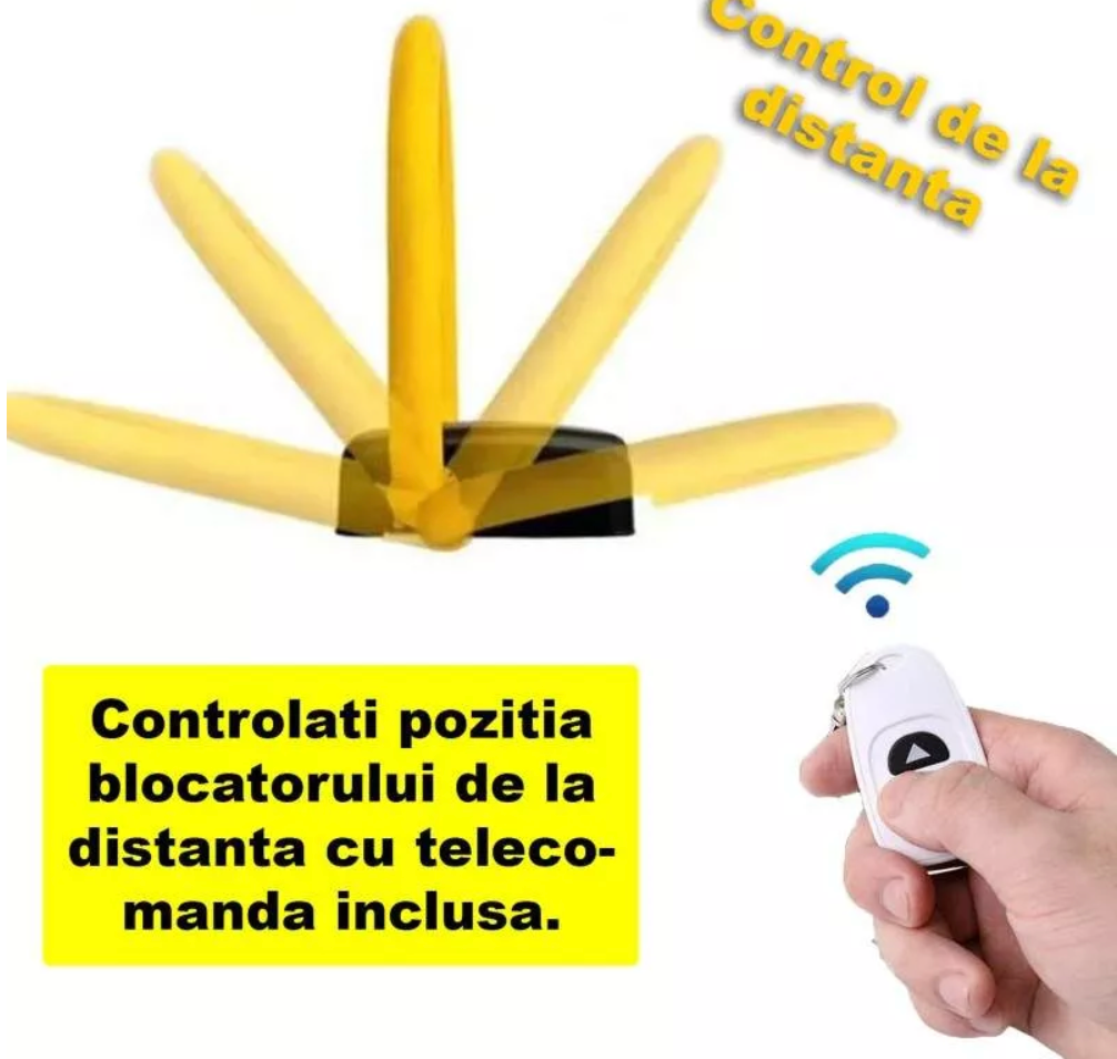 Blocator Parcare Automat cu Acumulator, Telecomandă, Alarmă, Anti-Furt, Suport 5 Tone, IP67, Negru/Galben
