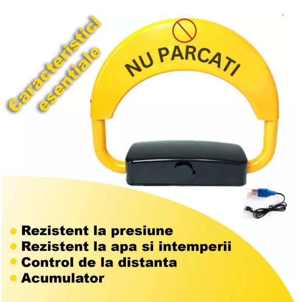 Blocator Parcare Automat cu Acumulator, Telecomandă, Alarmă, Anti-Furt, Suport 5 Tone, IP67, Negru/Galben