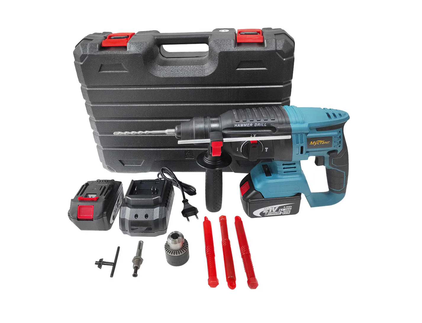 Ciocan Rotopercutor cu Acumulator 21V, Motor Fără Perii, 1.9J, 3 Funcții: Găurire, Găurire cu Percuție, Dăltuire, LED, Ergonomic