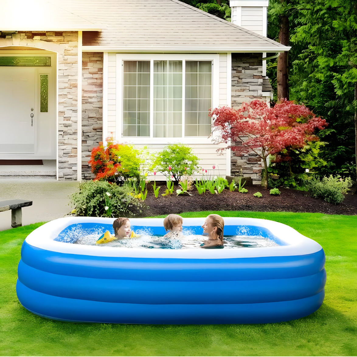 Piscină Gonflabilă Dreptunghiulară, pentru Copii și Adulți, Vinil 3 Straturi, Albastru/Alb