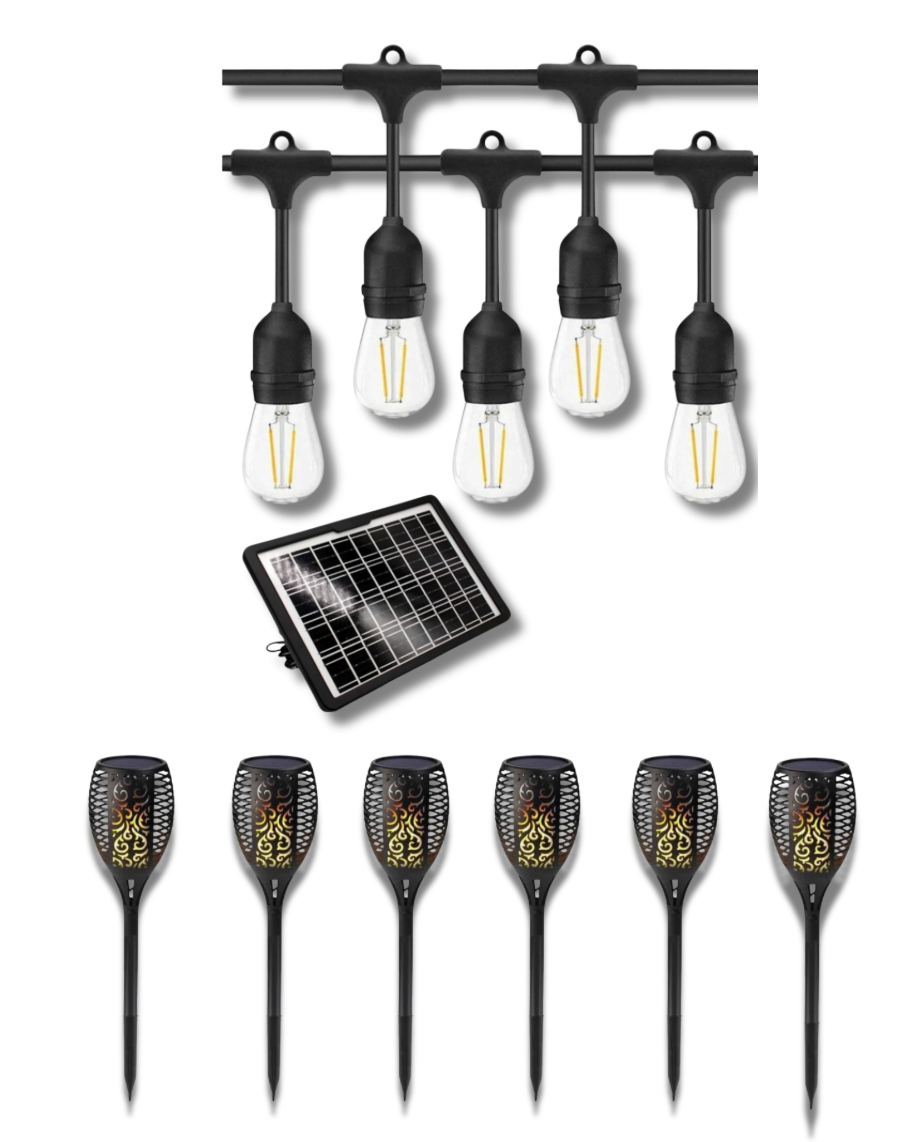 Pachet Iluminat Decorativ: 6 Lămpi Solare Tip Flacără + Ghirlandă LED Solară 10 Metri
