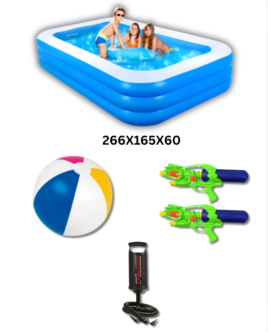 Pachet Vara: Piscina Gonflabila 266X165X60cm + Pompa Aer+ 2 Pistoale Apa + Minge de Plaja