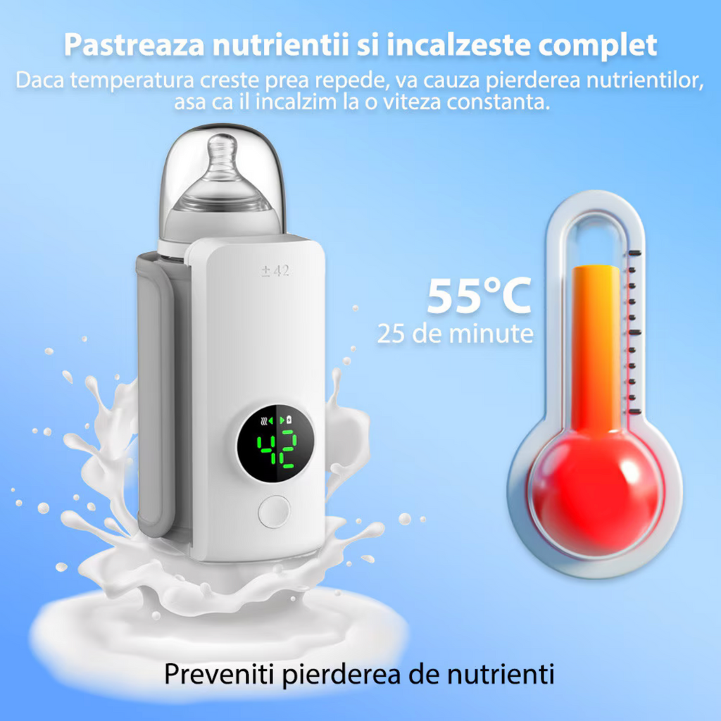 Încălzitor Portabil pentru Sticle cu Baterie 6000mAh – Control Termic Inteligent, Afișaj LCD, 6 Niveluri de Temperatură