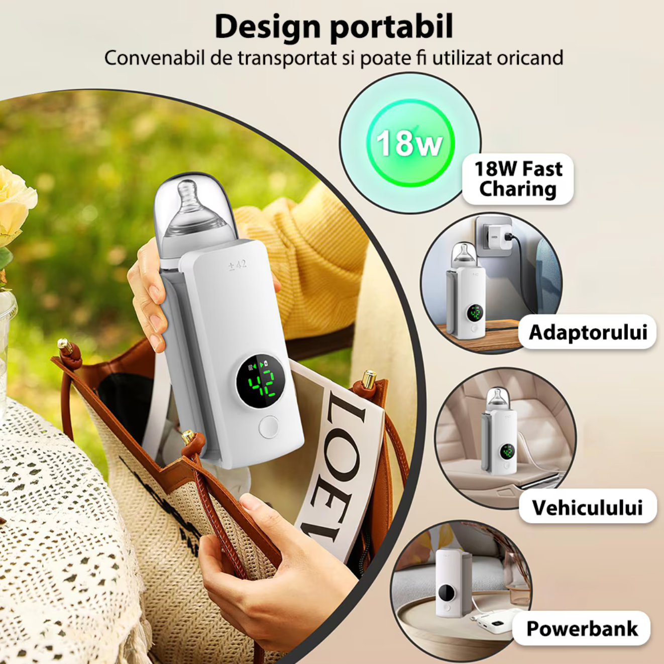 Încălzitor Portabil pentru Sticle cu Baterie 6000mAh – Control Termic Inteligent, Afișaj LCD, 6 Niveluri de Temperatură