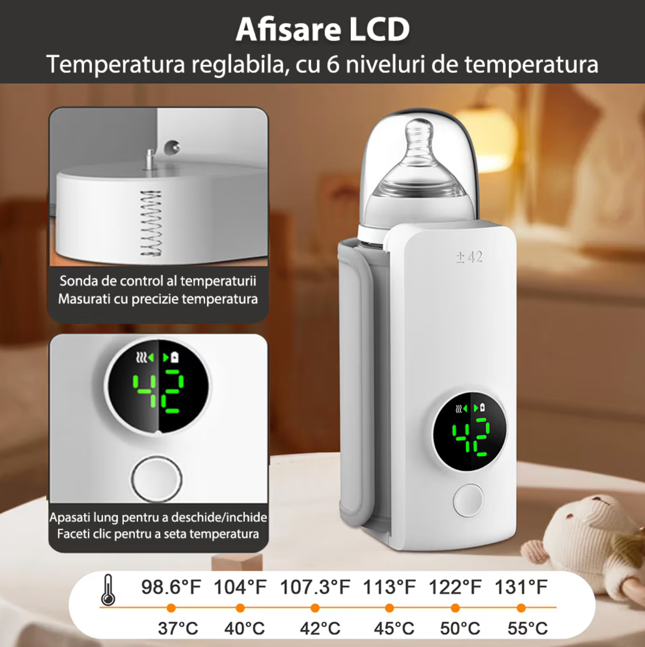 Încălzitor Portabil pentru Sticle cu Baterie 6000mAh – Control Termic Inteligent, Afișaj LCD, 6 Niveluri de Temperatură