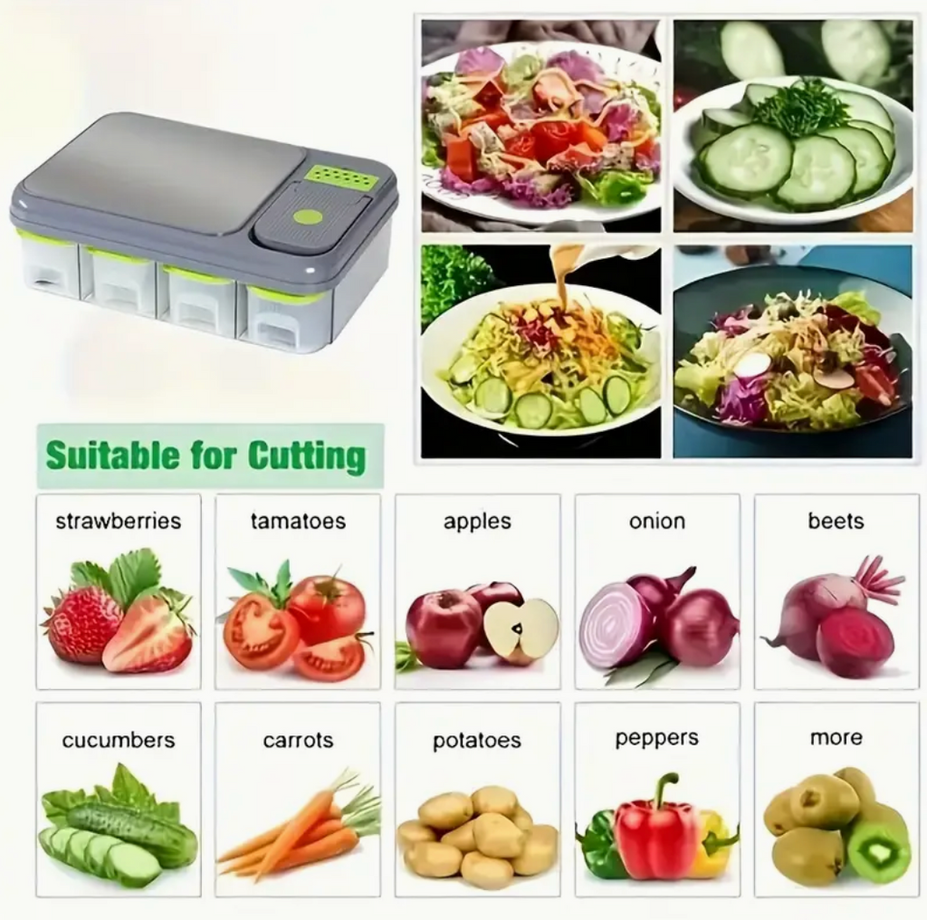 Tocător Multifuncțional 18-în-1 pentru Legume & Fructe – Cu Lame din Inox și Recipiente de Depozitare