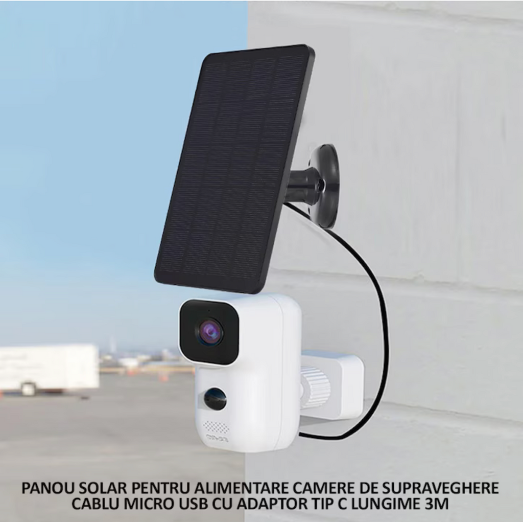 Mini Panou Solar Portabil 10W, 5V – cu Conector micro-USB & Adaptor Tip-C, Cablu 3m, Negru
