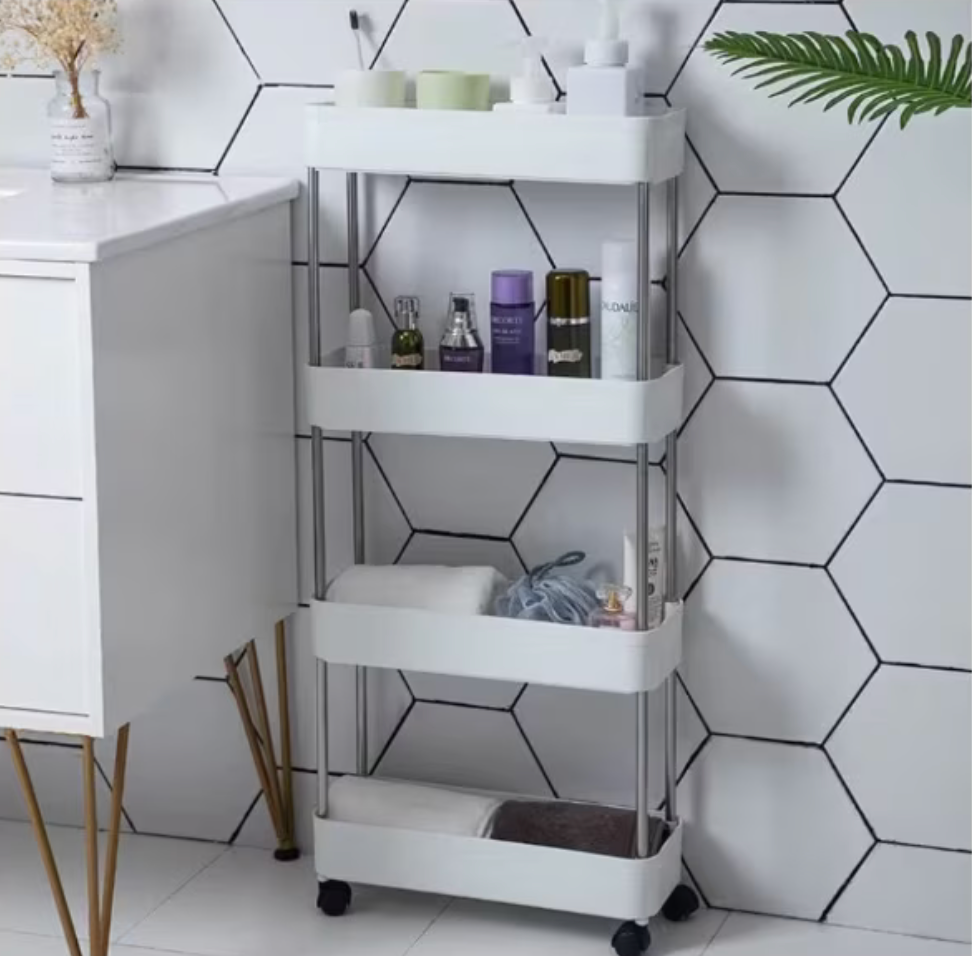 Raft Organizator cu 4 Polițe și Roți – 86 cm, Alb