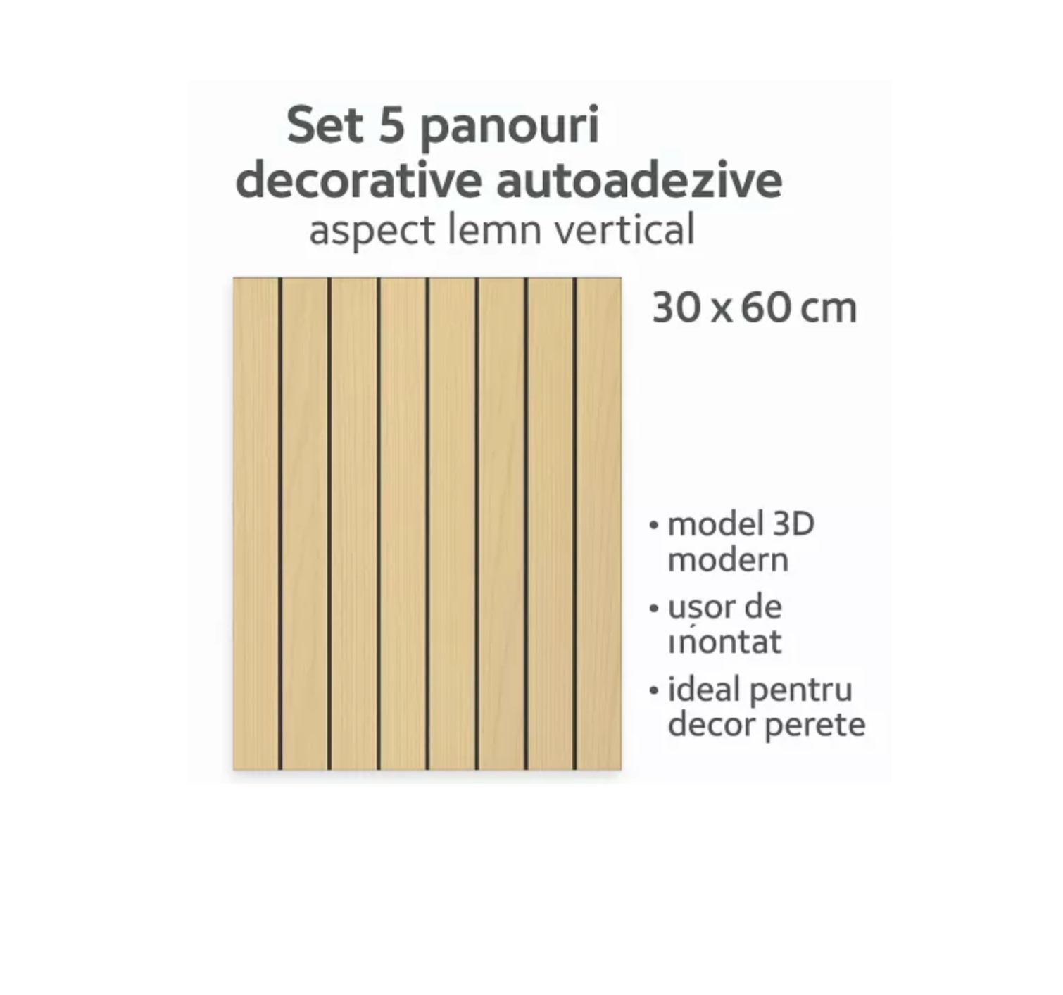 Set 5 Panouri Decorative Autoadezive 3D Tip Lambriu Vertical, 30x60 cm – Aspect Lemn, Ușor de Montat, Decor Perete Modern