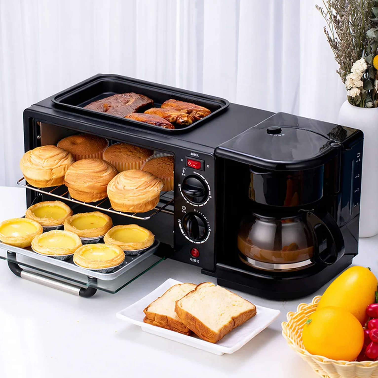Cuptor Electric 3 în 1 cu Cafetieră Integrată, Grill și Timer – 2000W
