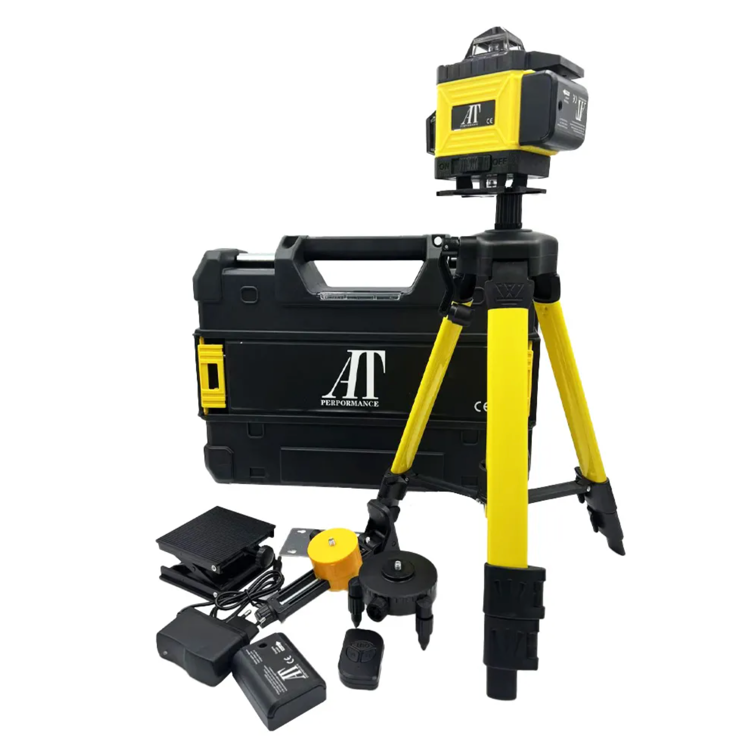 Nivela Laser 4D cu 16 Linii, AT PERFORMANCE®, 360°, Platforma de Ridicare, cu Autonivelare, Telecomanda, Lumina Verde, Trepied 150 cm, Negru/Galben
