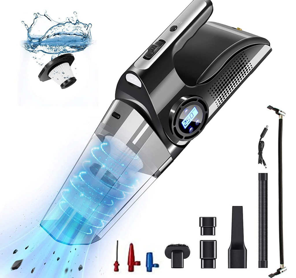 Aspirator Auto Profesional 4-în-1, cu Umflare Anvelope, Manometru și LED – Puternic & Portabil