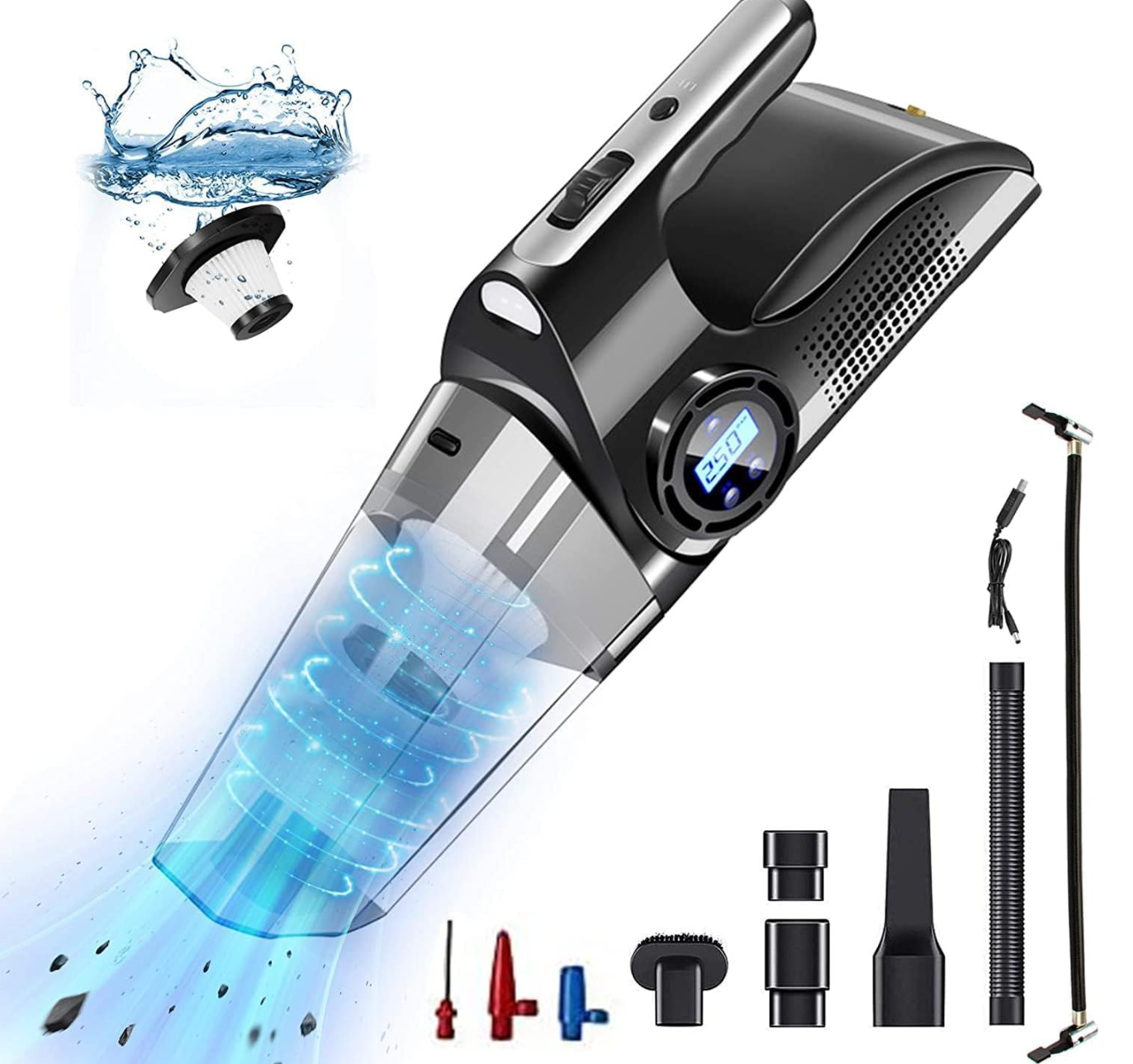 Aspirator Auto Profesional 4-în-1, cu Umflare Anvelope, Manometru și LED – Puternic & Portabil