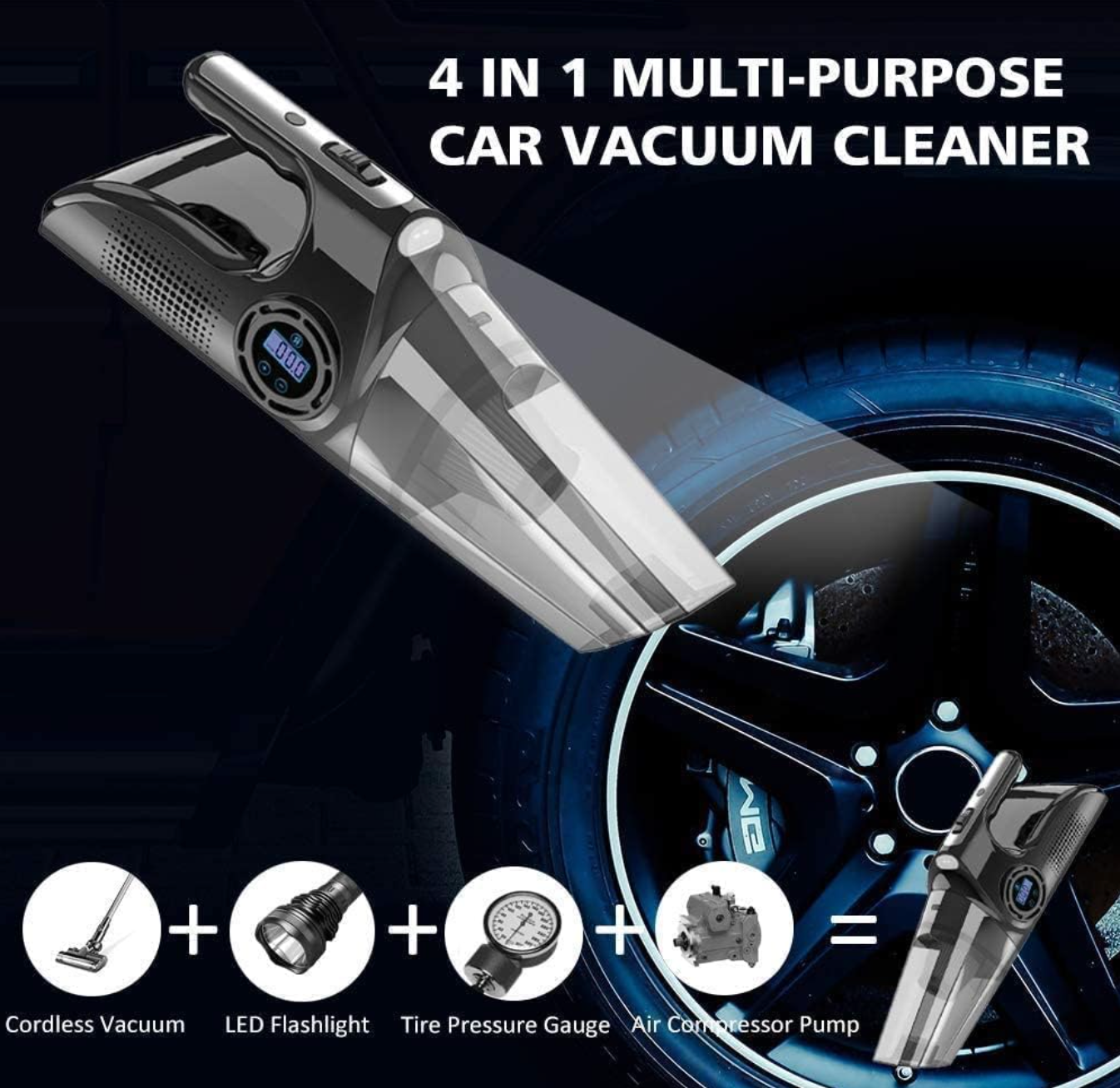 Aspirator Auto Profesional 4-în-1, cu Umflare Anvelope, Manometru și LED – Puternic & Portabil