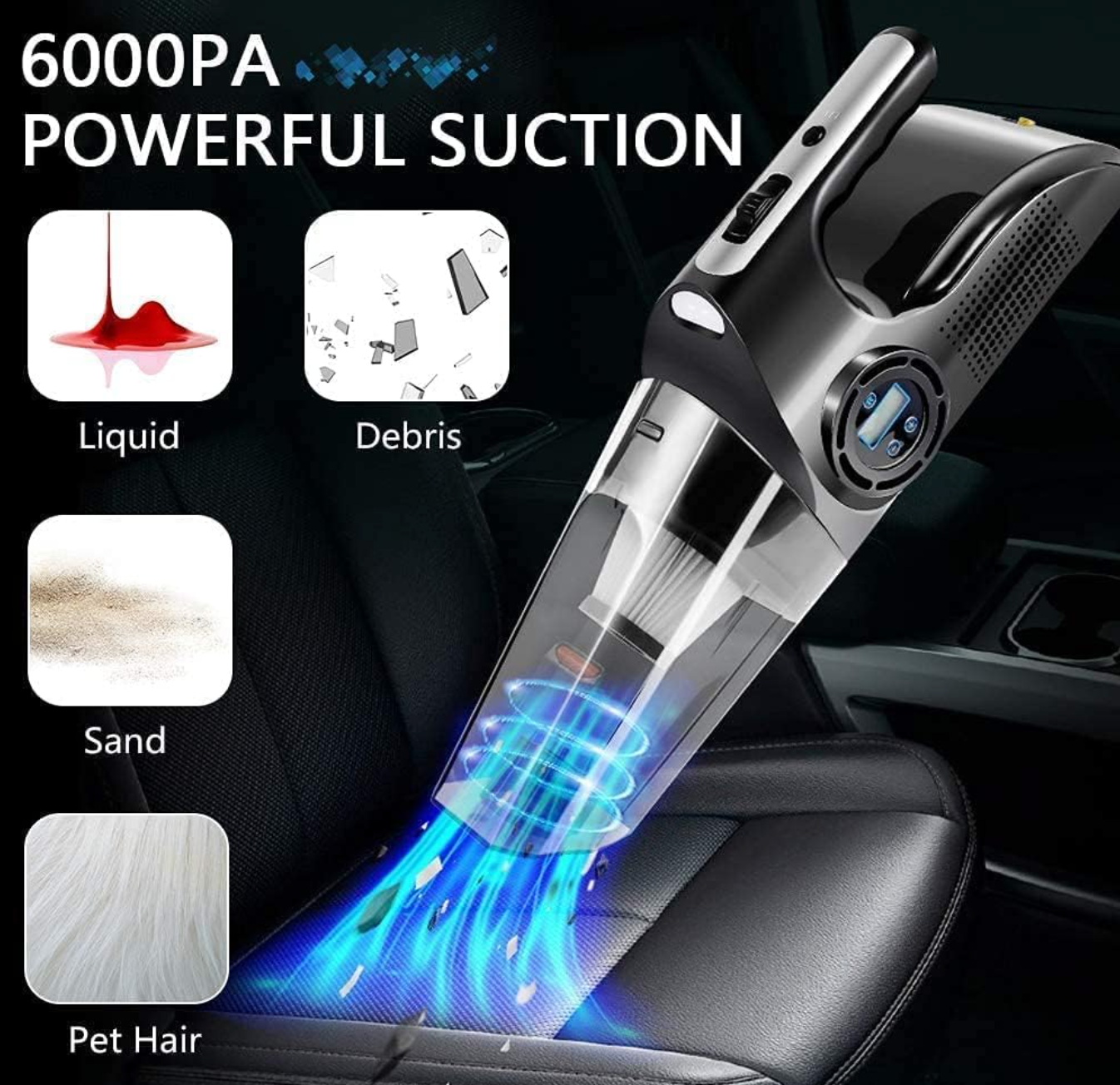 Aspirator Auto Profesional 4-în-1, cu Umflare Anvelope, Manometru și LED – Puternic & Portabil