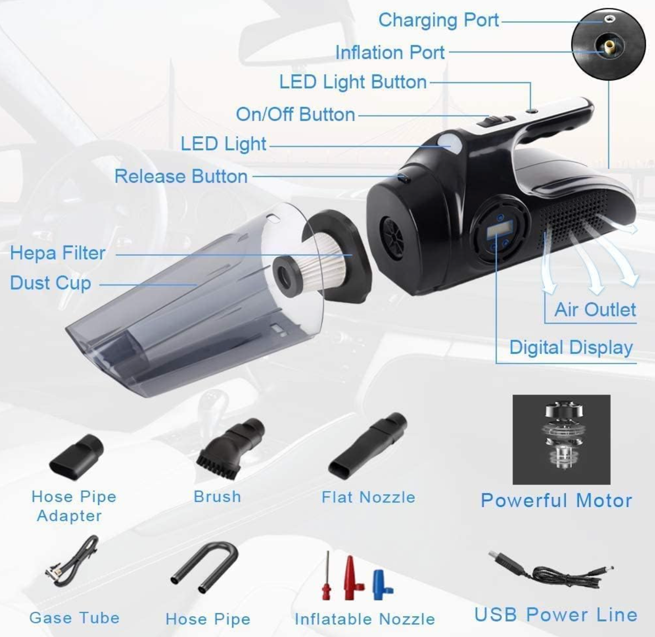 Aspirator Auto Profesional 4-în-1, cu Umflare Anvelope, Manometru și LED – Puternic & Portabil