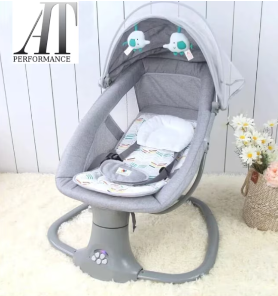 Leagan copii, Balansoar copii 3 in 1, Electric, cu Plasa Tantari, Perna Detasabila, Jucarii, USB, Bluetooth, Telecomanda, 0-3 ani
