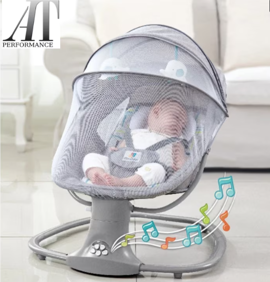 Leagan copii, Balansoar copii 3 in 1, Electric, cu Plasa Tantari, Perna Detasabila, Jucarii, USB, Bluetooth, Telecomanda, 0-3 ani