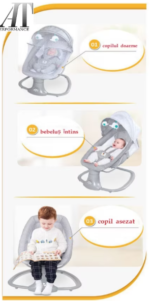 Leagan copii, Balansoar copii 3 in 1, Electric, cu Plasa Tantari, Perna Detasabila, Jucarii, USB, Bluetooth, Telecomanda, 0-3 ani