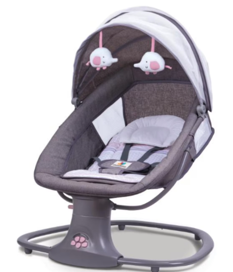 Leagan copii, Balansoar copii 3 in 1, Electric, cu Plasa Tantari, Perna Detasabila, Jucarii, USB, Bluetooth, Telecomanda, 0-3 ani