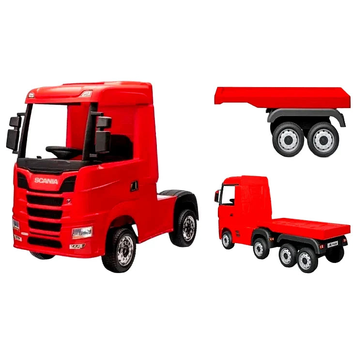 Camion electric cu remorcă pentru copii, KIDOO, 12V, 2 motoare 35W, telecomandă 2.4G, suspensie pe 4 roți, lumini, muzică, viteză 3-5 km/h, uși funcționale