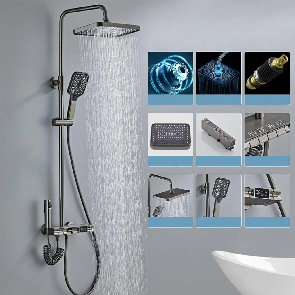 Coloana de Dus Termostat, Afisaj Digital, Lumină LED Ambientală, 4 Functii, Taste de Piano, Cap Dus Dreptunghiular, Efect de Ploaie, Inaltime Reglabila, Montare pe Perete