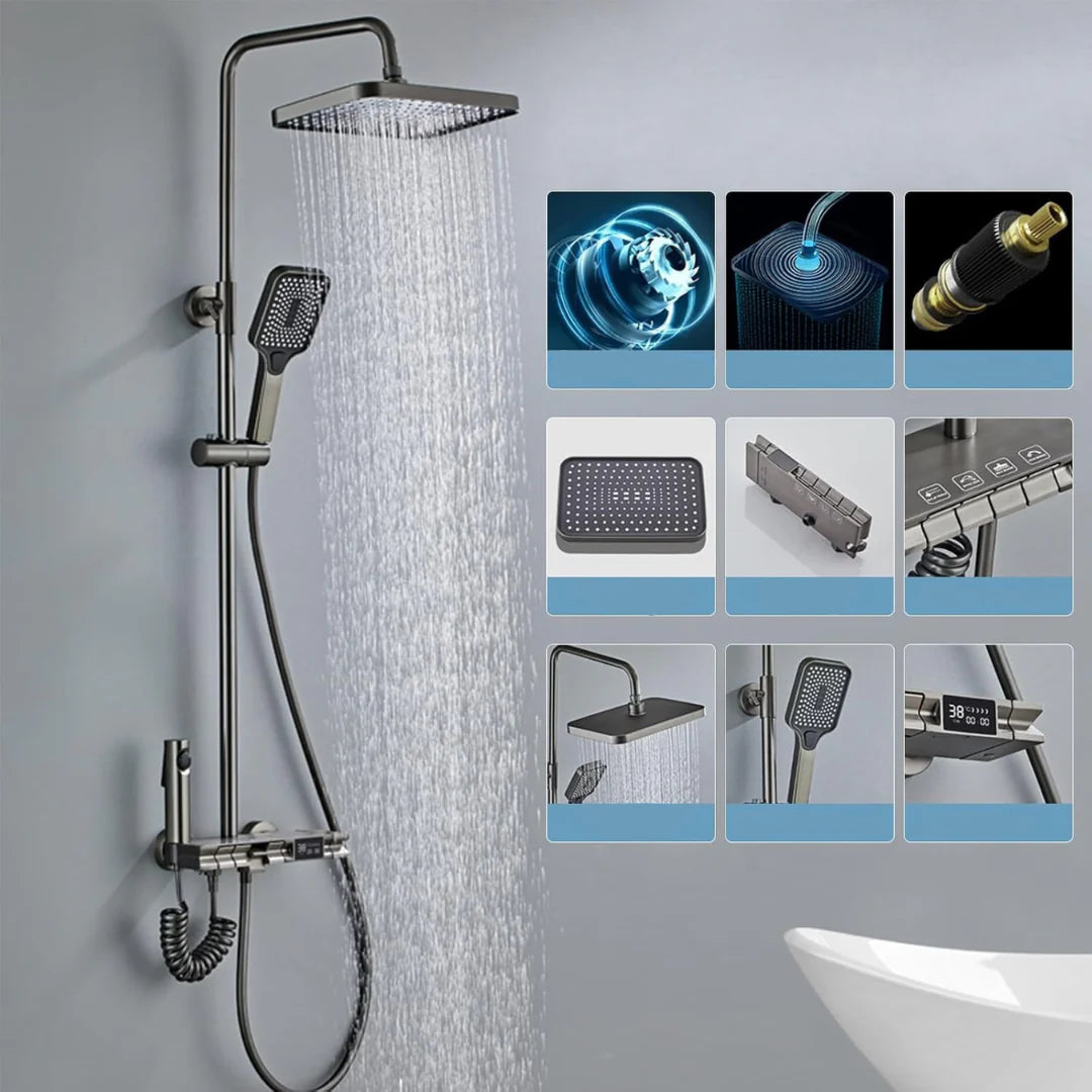 Coloana de Dus Termostat, Afisaj Digital, Lumină LED Ambientală, 4 Functii, Taste de Piano, Cap Dus Dreptunghiular, Efect de Ploaie, Inaltime Reglabila, Montare pe Perete