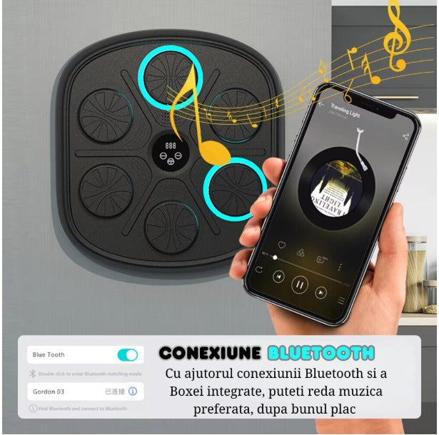 Tinta Lovituri Box, Difuzor Incorporat, Conexiune Bluetooth, Display pentru Monitorizarea Loviturilor, Iluminare LED a Zonei de Lovire, Montabil pe perete, Manusi Incluse, Pentru Copii si Adulti