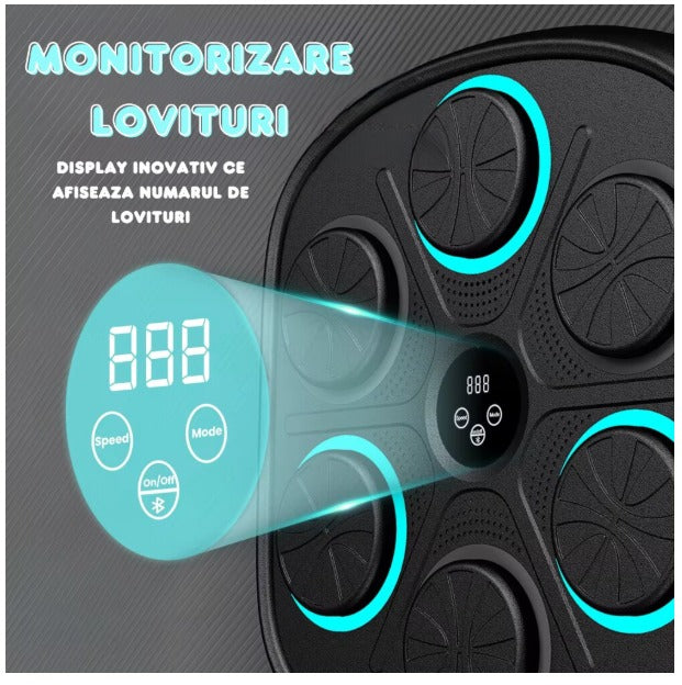 Tinta Lovituri Box, Difuzor Incorporat, Conexiune Bluetooth, Display pentru Monitorizarea Loviturilor, Iluminare LED a Zonei de Lovire, Montabil pe perete, Manusi Incluse, Pentru Copii si Adulti