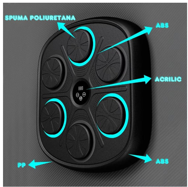 Tinta Lovituri Box, Difuzor Incorporat, Conexiune Bluetooth, Display pentru Monitorizarea Loviturilor, Iluminare LED a Zonei de Lovire, Montabil pe perete, Manusi Incluse, Pentru Copii si Adulti