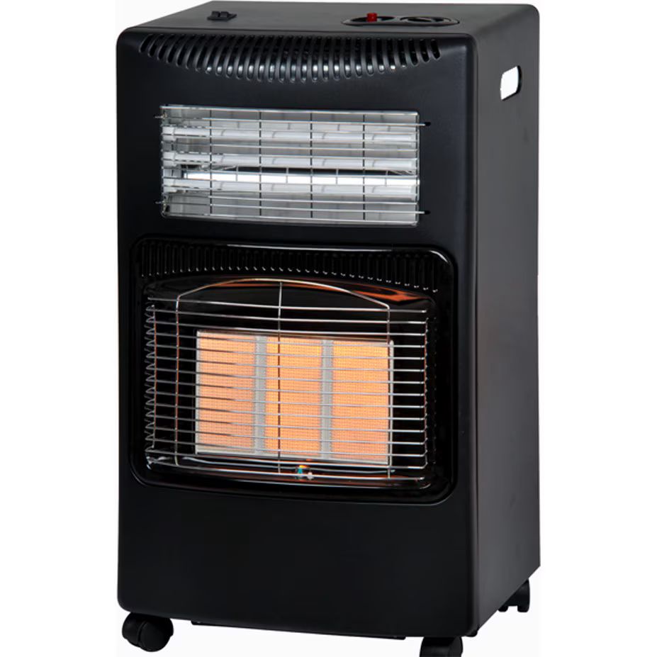 Soba pe gaz GPL si electrica , aprindere piezo-electrica, 3 placi de incalzire ceramic putere totala 4.2kW, sistem de oprire automata a gazului, Negru