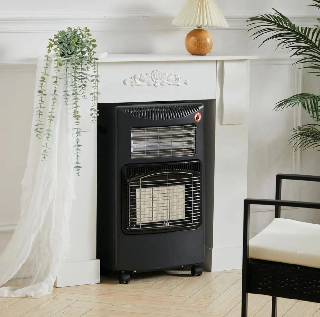 Soba pe gaz GPL si electrica , aprindere piezo-electrica, 3 placi de incalzire ceramic putere totala 4.2kW, sistem de oprire automata a gazului, Negru