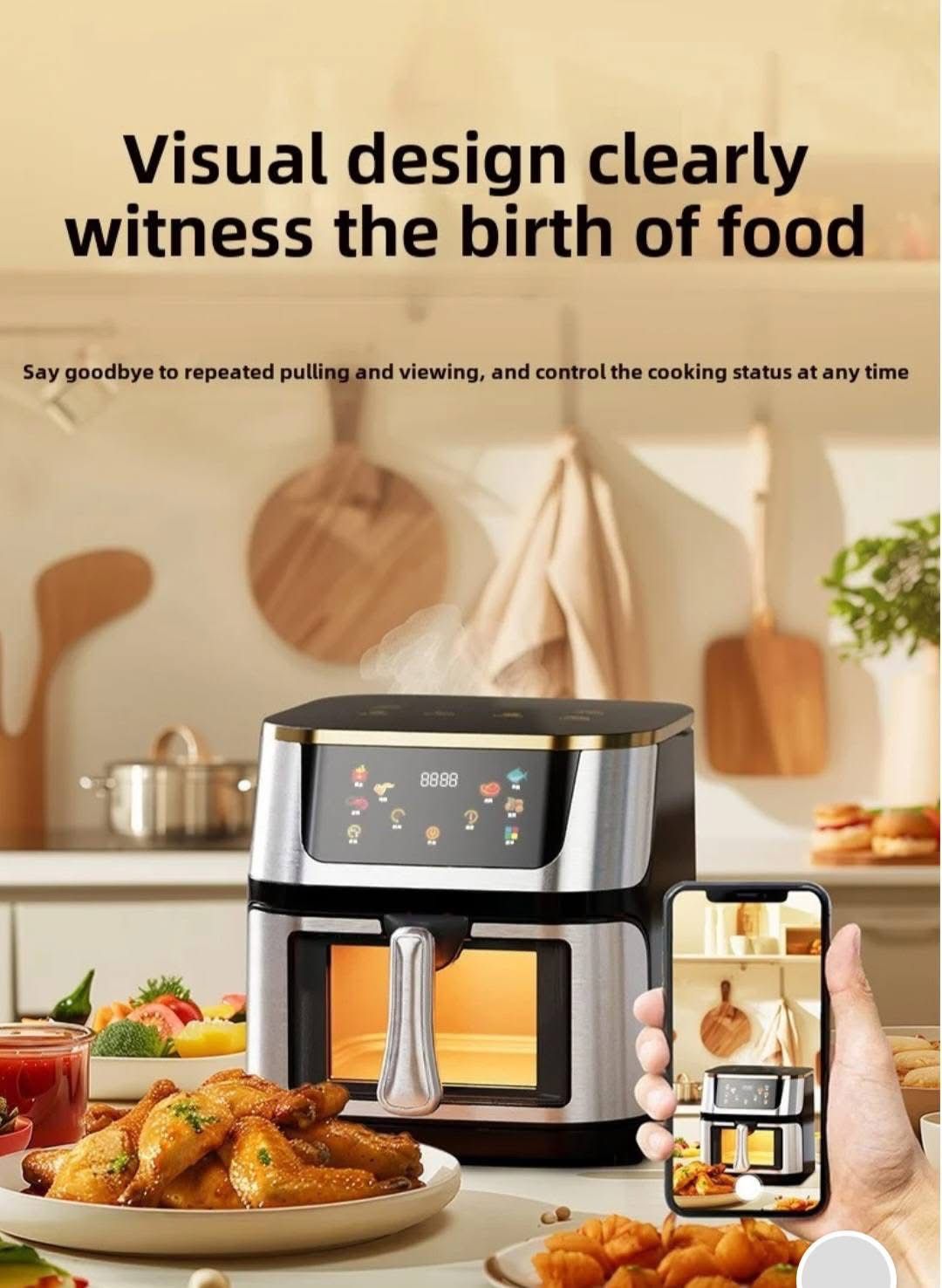 Friteuza cu Aer Cald, Gatire fara ulei, 3000 W, Capacitate 12 L, Control Touch, Afisaj Digital, Fereastra vizuala, Temperatura 80-200 grade, Argintiu/Negru