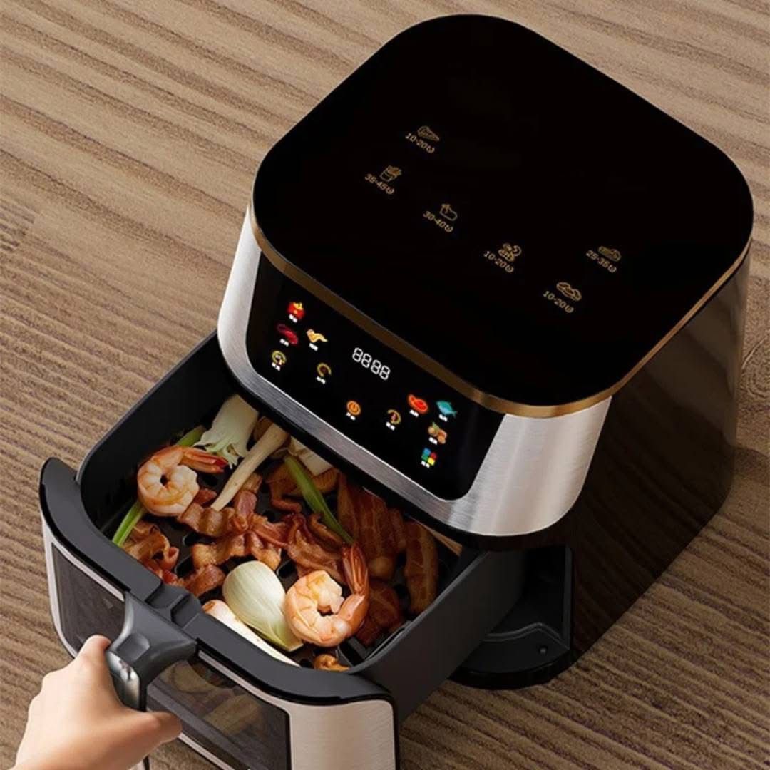 Friteuza cu Aer Cald, Gatire fara ulei, 3000 W, Capacitate 12 L, Control Touch, Afisaj Digital, Fereastra vizuala, Temperatura 80-200 grade, Argintiu/Negru