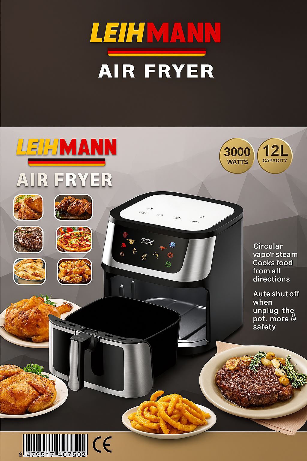 Friteuza cu Aer Cald, Gatire fara ulei, 3000 W, Capacitate 12 L, Control Touch, Afisaj Digital, Fereastra vizuala, Temperatura 80-200 grade, Argintiu/Negru