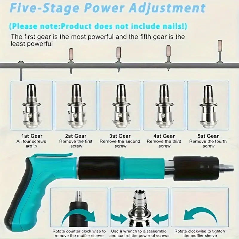 Pistol de Cuie Manual pentru Fixare in Beton, Lemn, Fier, Pardoseala, 5 trepte ajustabile, Lungime cuie 27mm, Set 100 Cuie incluse CADOU