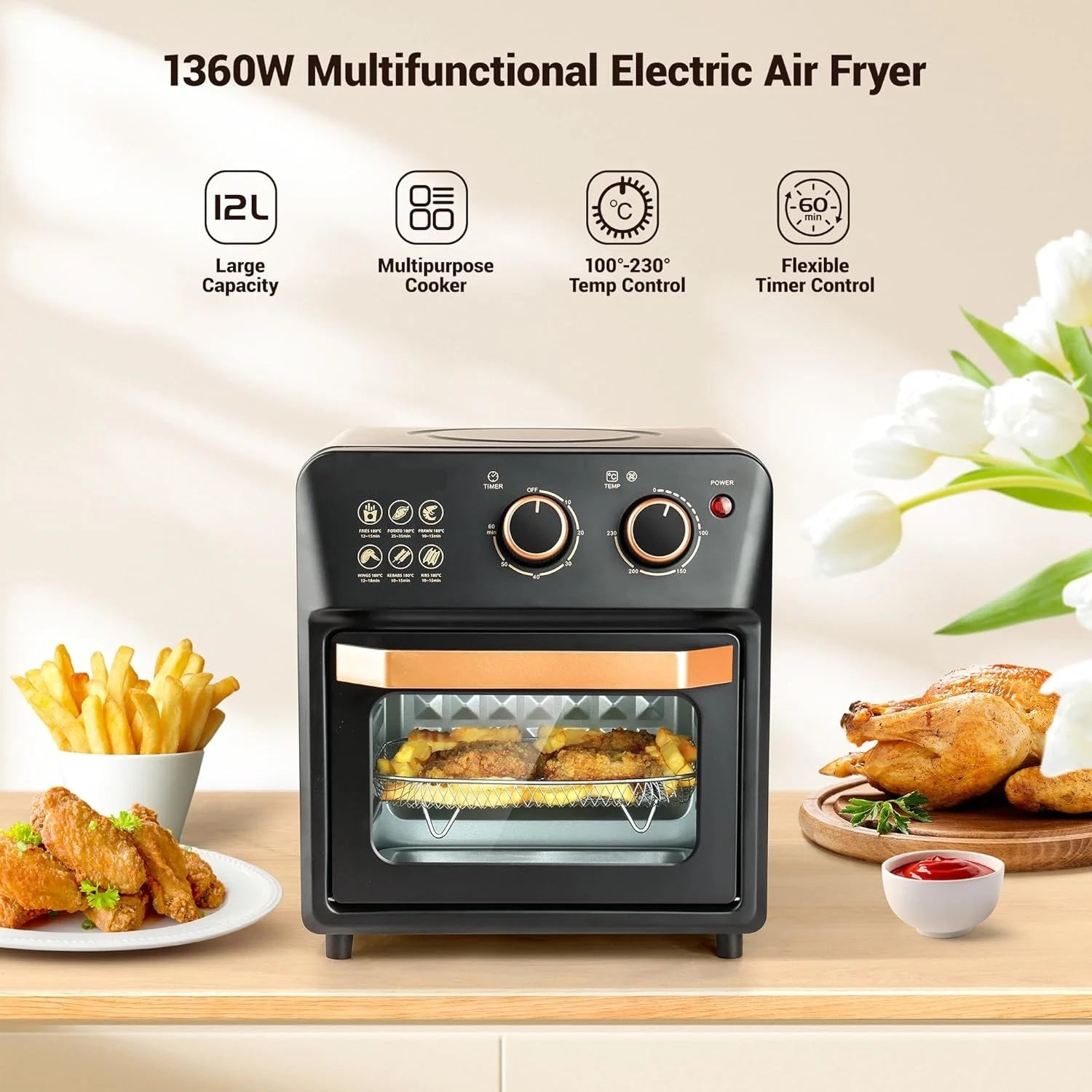 Cuptor Electric Airfryer cu Grill, Capacitate 12L, Tehnologie de Circulație a Aerului 360° – Gătire Versatilă și Curățare Ușoară + Carte Retete Cadou