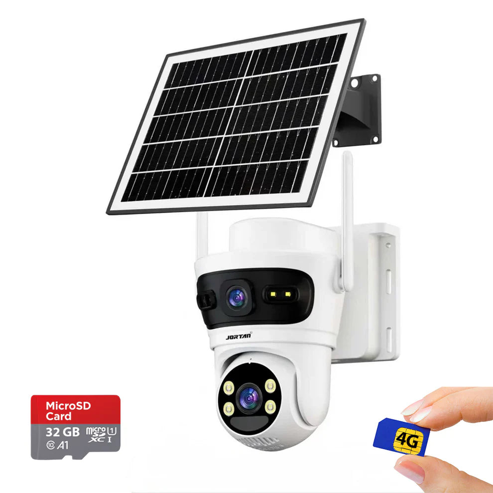 Camera de Supraveghere cu 2 Lentile 6MP, 4G, Panou Solar, 18.000mA PTZ 355°, Jortan 4GHD, IP66, HD, 1920 x 1080 Pixeli + Card 32GB CADOU - ALB