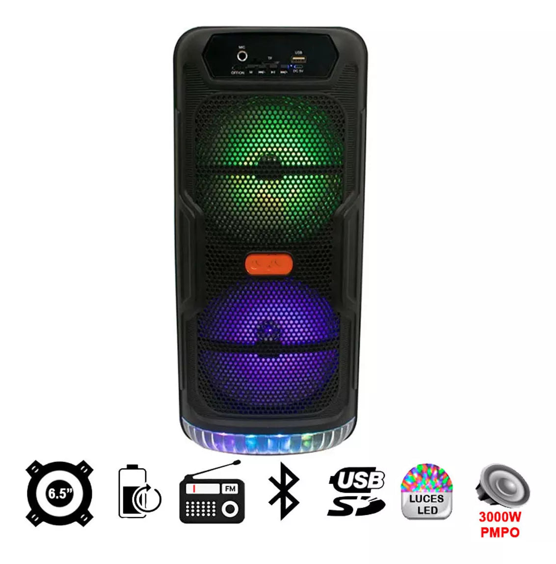 Boxă Portabilă Bluetooth – 30W RMS, Lumini RGB, Radio FM, Slot Card TF, Baterie 1200mAh