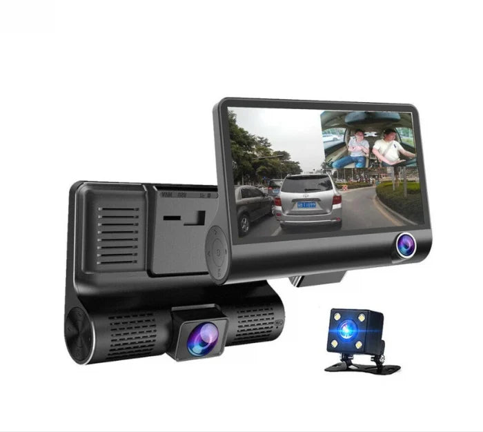 Cameră Auto DVR Dublă Full HD 4" – 3 Lentile, Vedere Nocturnă, G-Senzor, Unghi Larg 170°
