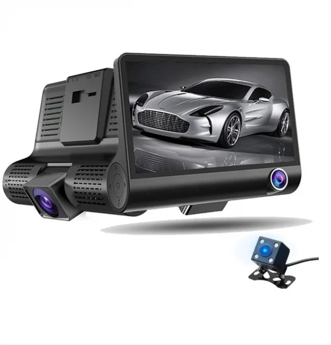Cameră Auto DVR Dublă Full HD 4" – 3 Lentile, Vedere Nocturnă, G-Senzor, Unghi Larg 170°