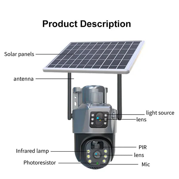 Camera De Supraveghere Cu Panou Solar,4G,Senzor De Miscare,Lentile Duble,4G HD 8MP