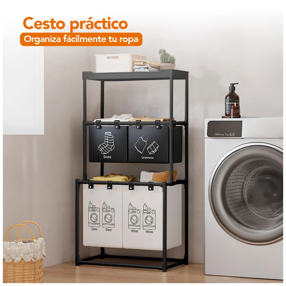Coș de Rufe cu 3 Nivele și 4 Secțiuni – Negru