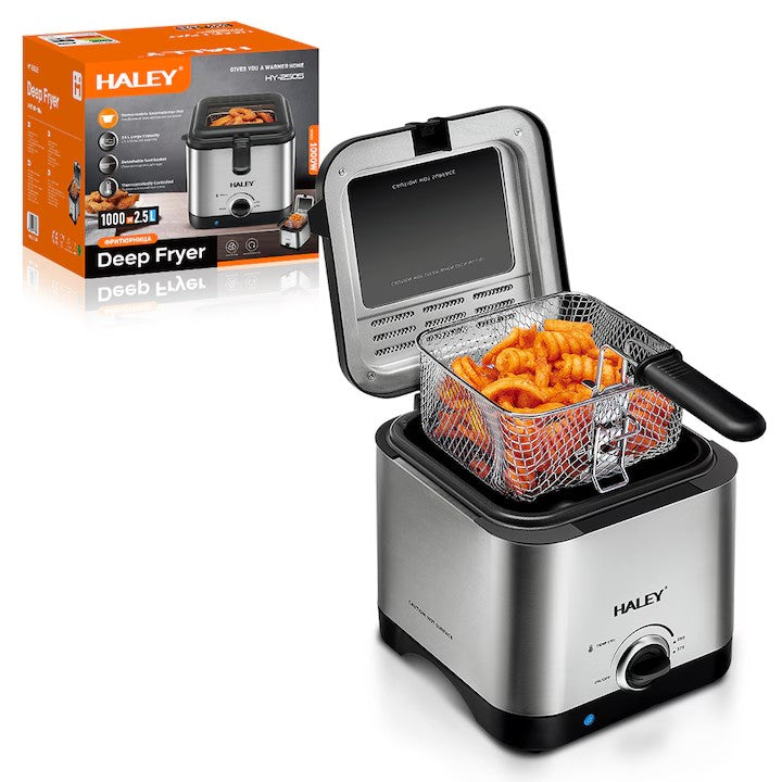 Friteuza Electrica HALEY HY-2505, 1000W, Capacitate 2.5L, Design Argintiu Elegant, Control Precise al Temperaturii