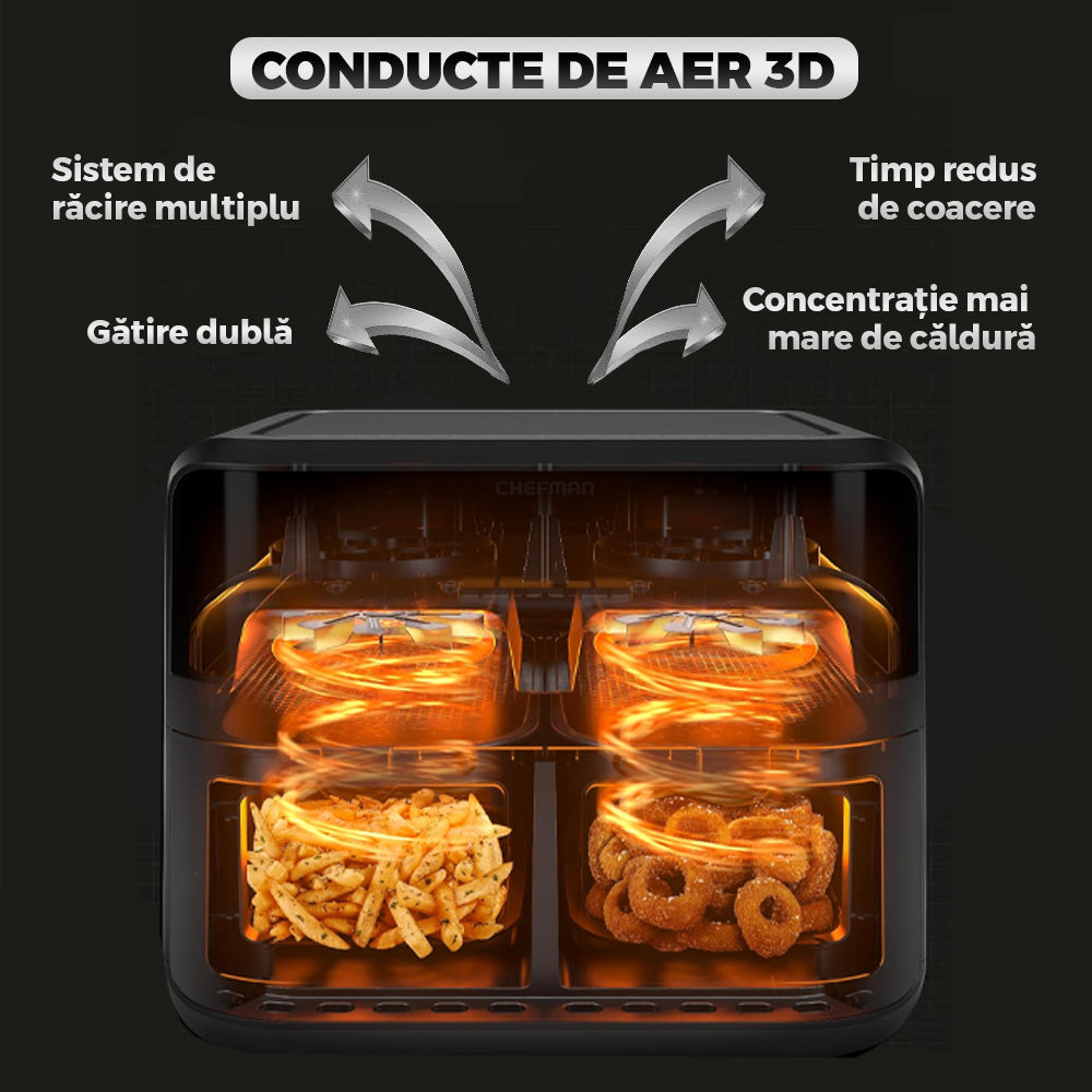 Friteuza Dubla Fara Ulei Air Fryer, 9 L, afisaj digital, tehnologie smart sensing, programe smart chef automate, negru