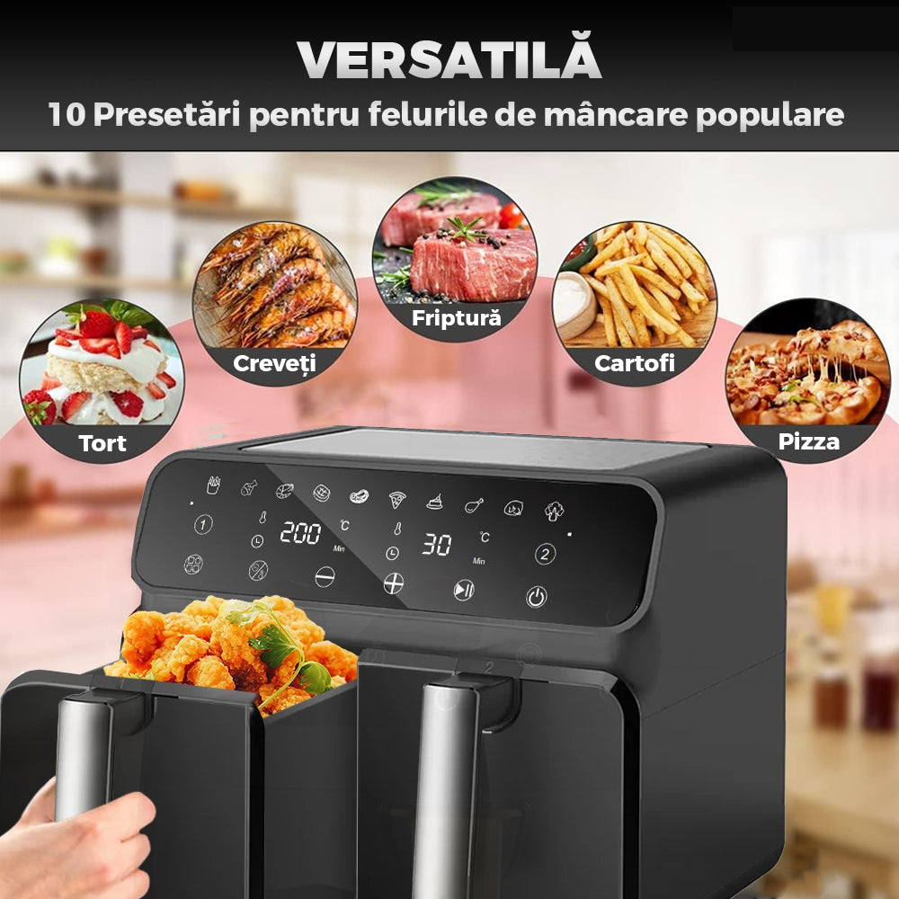 Friteuza Dubla Fara Ulei Air Fryer, 9 L, afisaj digital, tehnologie smart sensing, programe smart chef automate, negru