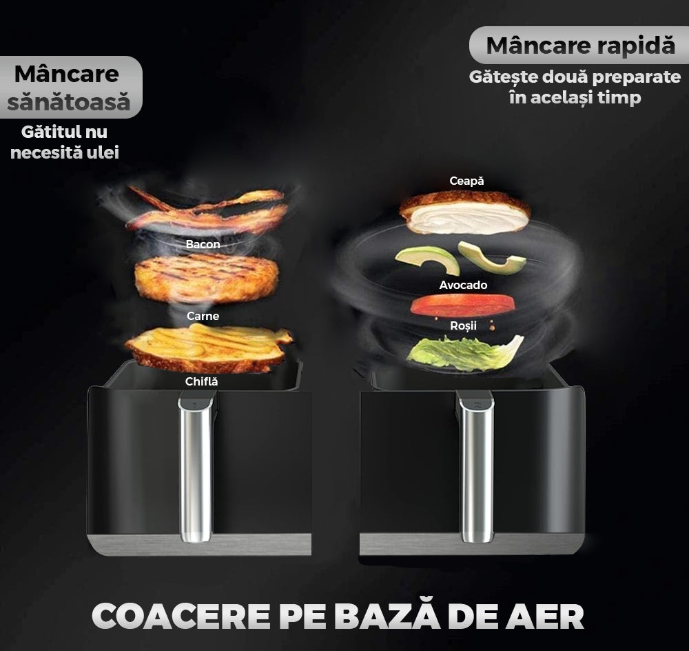 Friteuza Dubla Fara Ulei Air Fryer, 9 L, afisaj digital, tehnologie smart sensing, programe smart chef automate, negru