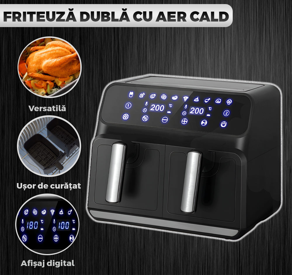 Friteuza Dubla Fara Ulei Air Fryer, 9 L, afisaj digital, tehnologie smart sensing, programe smart chef automate, negru