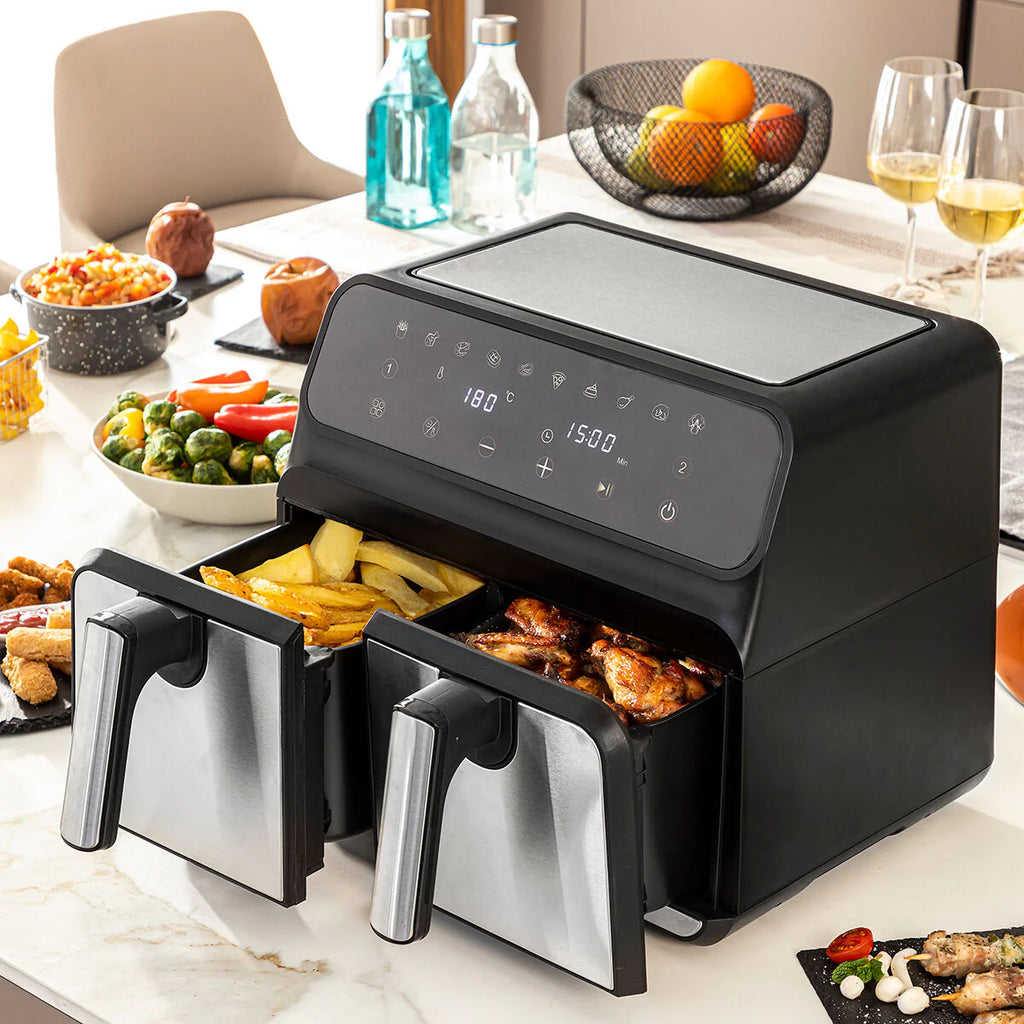 Friteuza Dubla Fara Ulei Air Fryer, 9 L, afisaj digital, tehnologie smart sensing, programe smart chef automate, negru