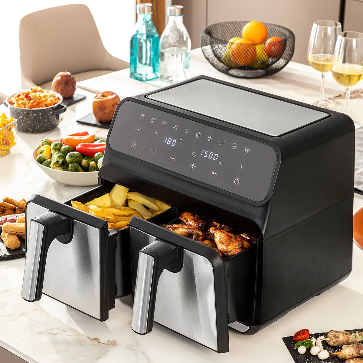 Friteuza Dubla Fara Ulei Air Fryer, 9 L, afisaj digital, tehnologie smart sensing, programe smart chef automate, negru